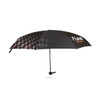 A black mini folding umbrella with a checkered design and a logo on it, accompanied by a protective case.