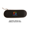 A black case with a logo, containing a mini folding umbrella. The case features a zip closure and a grey strap.