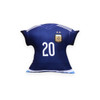 A custom pillow shaped like a football jersey in navy blue, featuring a logo and the number 20.