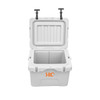 A white 15L cooler box with a hinged lid and dual carry handles. It features a logo on the front.