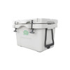 A white 25L cooler box with a logo, featuring a secure lid and carry handles.