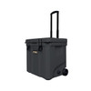 A grey cooler box with wheels and a retractable handle, featuring a logo on the front.