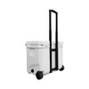 A white cooler box with wheels and a retractable handle, featuring a black strap and wheels for mobility.