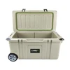 A 75L cooler box with wheels in a light beige colour, featuring a green seal and a logo on the side.