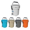 A 7L ice bucket with a faucet, available in light blue, beige, grey, orange, and white, featuring a handle and a logo.