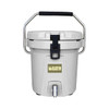 A grey ice bucket with a black handle and a metal tap at the bottom, featuring a logo on the front.