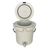 A beige ice bucket with a lid and a faucet at the bottom, featuring handles on the sides and a logo.