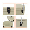 A 12L ice bucket in cream colour, featuring a handle and a secure latch on the lid. The product includes a branding logo.
