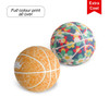Two basketballs with vibrant patterns; one orange with a detailed design, the other multi-coloured featuring floral motifs.