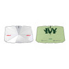 A large car shade umbrella in white and green, featuring a logo on one side. Ideal for sun protection.