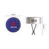 A round silver air freshener with a blue top, featuring a logo and dimensions of 38mm by 44mm.