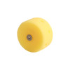 A round yellow candle shaped like cheese, featuring a metal base and several holes.