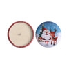 A tin candle set featuring festive designs with Santa and a reindeer, predominantly in red and white.