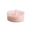 A tealight candle in a clear plastic holder, featuring a soft pink hue, part of a set of four.