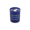 A 6.6oz blue glass candle featuring natural soy wax and purple crystals on top. It has a logo on the front.