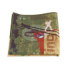 A folded green and patterned gym towel featuring an abstract design and a logo.