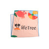 A microfibre beach towel with a light background featuring a crab, beach ball, and branding. Sized at 50x100cm.