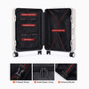 An open white ribbed ABS suitcase showcasing multiple pockets, zippered compartments, and black interior with red accents.