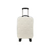 A collapsible suitcase in white with a textured surface, featuring a telescopic handle and four wheels for easy mobility.