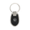 A sleek silver keyring featuring a black oval tag with a logo.