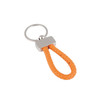 A metal keyring tag featuring an orange braided leather loop and a shiny metal connector.