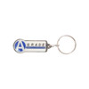 A custom-shaped embossed soft enamel keyring in silver and blue, featuring a logo.