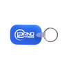 A blue oblong keyring with a shiny silver keyring attachment and a logo.