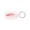 A white Oblong Durasoft keyring featuring a circular metal ring and a logo in red.