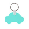 A turquoise car-shaped keyring with a silver metal keyring attachment. Features a branding logo.