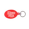 A red oval keyring with a keychain attachment, featuring a logo design.