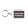 A rectangular acrylic keyring in clear colour featuring a silver keyring attachment.