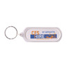An oblong acrylic keyring in clear with a silver keyring attachment and featuring a logo.