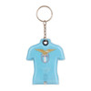 A blue PVC LED keyring shaped like a shirt, featuring a logo and attached to a metal keychain.