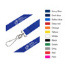 A navy blue poly ribbed lanyard with a clip, featuring various available colour options alongside it.