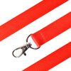 A red nylon lanyard with a metal clip at one end for attaching items.
