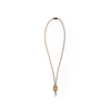 A cork lanyard in natural tones featuring a clip at one end and a logo at the other.