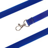 A blue PVC lanyard featuring a metal clip for attaching items, with a smooth finish and glossy appearance.