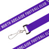 A purple woven lanyard featuring a clip and a logo, ideal for events and exhibitions.