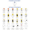 A variety of lanyard attachments in yellow and black, including clips, carabiners, and retractable options.