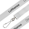 A white woven lanyard featuring a silver clip, with branding along its length.