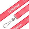 A red woven lanyard with a silver clip and a logo, used for holding identification or passes.