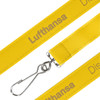 A yellow woven lanyard with a clip and a logo. The lanyard features a smooth, detailed texture.