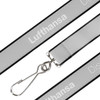 A detailed woven lanyard in grey with a silver clip and branding along its length.