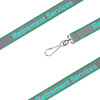 A grey safety lanyard featuring a silver clip and green branding along its length.