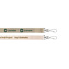 A cotton lanyard in beige with a logo, featuring a clip for attachment.