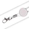 A white lanyard with a silver clip and an epoxy domed attachment. The lanyard is made of a textured material.
