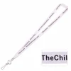 A white ribbed lanyard with a silver clasp and repeating text pattern, featuring a logo.