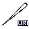 A black security lanyard featuring bold white lettering and a metal clip for attachment.