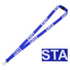 A blue lanyard with a clip, featuring the word "STAFF" printed in white. It includes a branding logo.