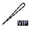 A black lanyard with white "VIP" text and a metal clip for attachment. It features a logo on the side.